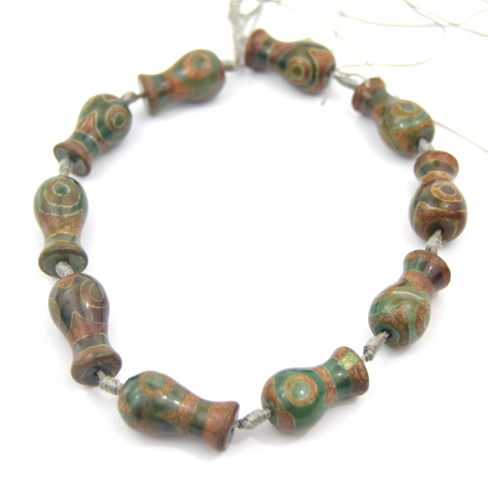 25mm Natural Eye Spotted Green/Brown/Gold Tibetan Agate Vase Shape Beads - (Approx. 13" ~10 Beads)