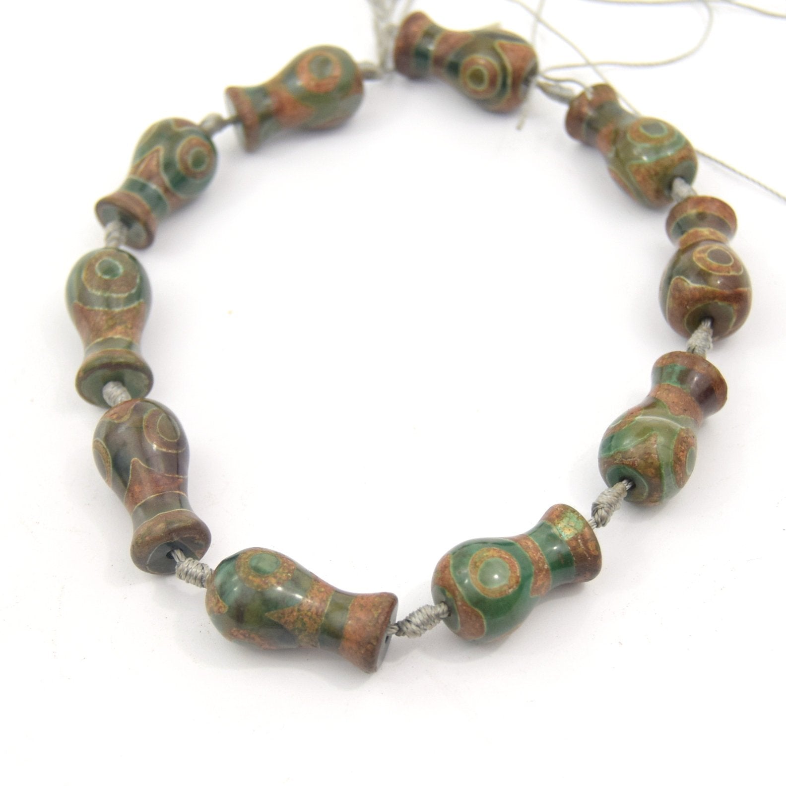 25mm Natural Eye Spotted Green/Brown/Gold Tibetan Agate Vase Shape Beads - (Approx. 13" ~10 Beads)