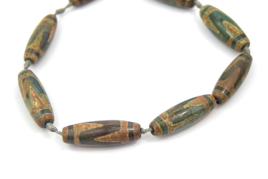 40mm Natural Wavy Pattern Brown/Green/Gold Tibetan Agate Tube/Barrel Beads - (Approx. 15" ~8 Beads)