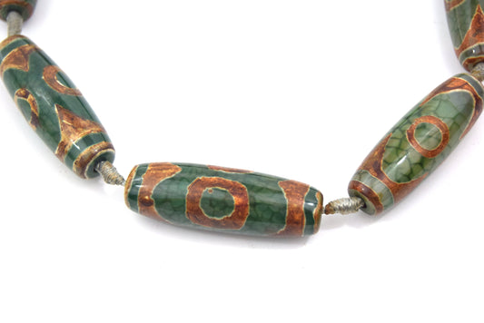 40mm Natural Eye Spotted Brown/Green Tibetan Agate Tube/Barrel Shaped Beads - (Approx. 15" ~8 Beads)