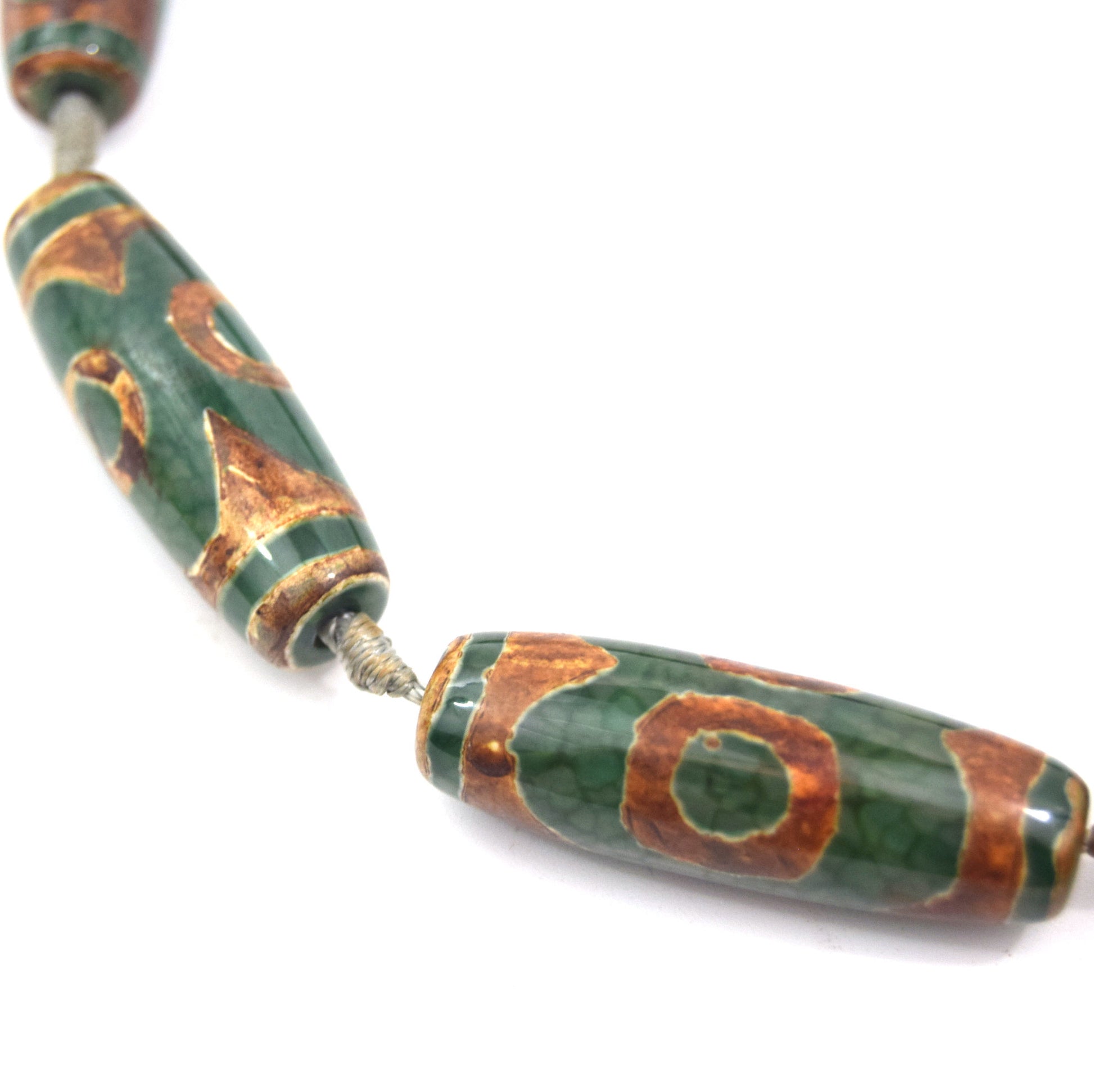 40mm Natural Eye Spotted Brown/Green Tibetan Agate Tube/Barrel Shaped Beads - (Approx. 15" ~8 Beads)