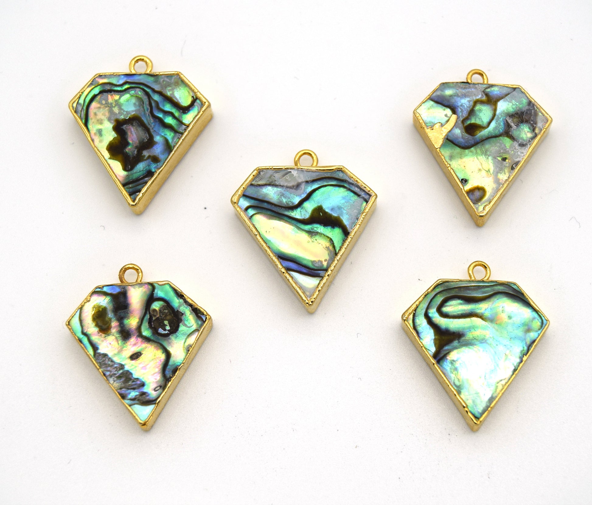 20mm x 20mm Gold Plated Natural Iridescent Rainbow Abalone Flat Shield Shaped Pendant