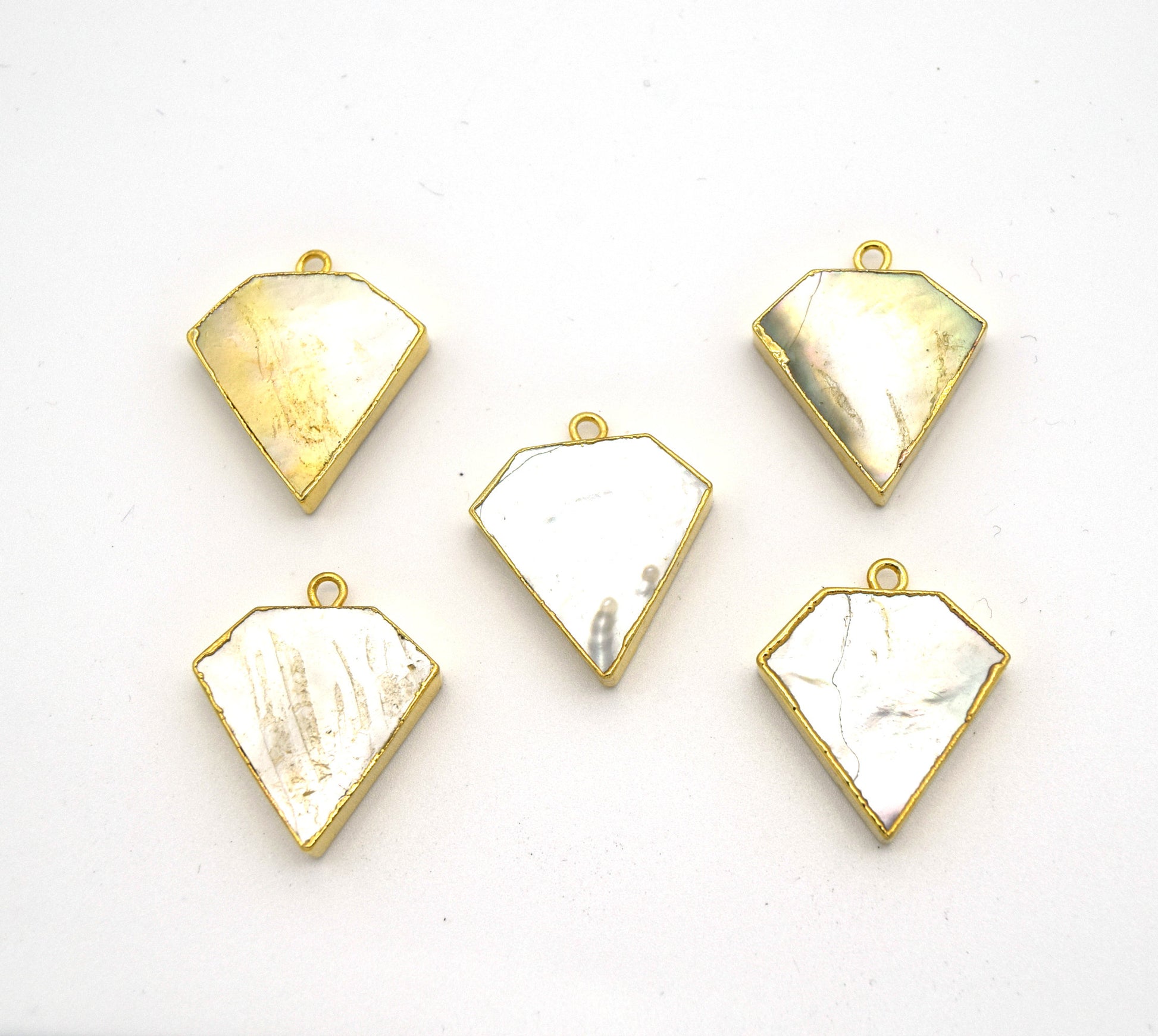 20mm x 20mm Gold Plated Natural Iridescent White Abalone Flat Shield Shaped Pendant