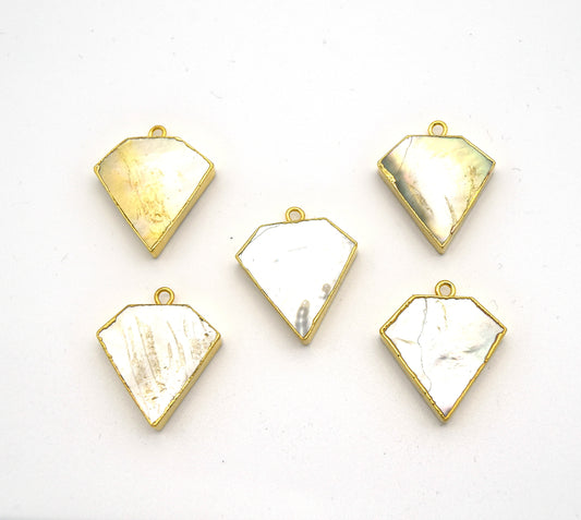 20mm x 20mm Gold Plated Natural Iridescent White Abalone Flat Shield Shaped Pendant