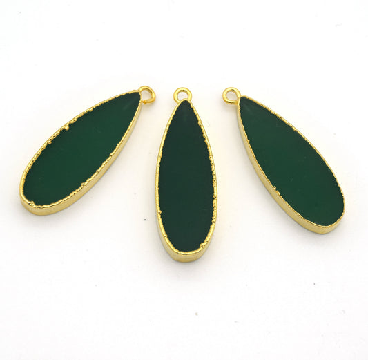 Green Jade Bezel | 11mm x 30mm Gold Plated Natural Long Teardrop Shaped Flat Pendant - Sold Individually
