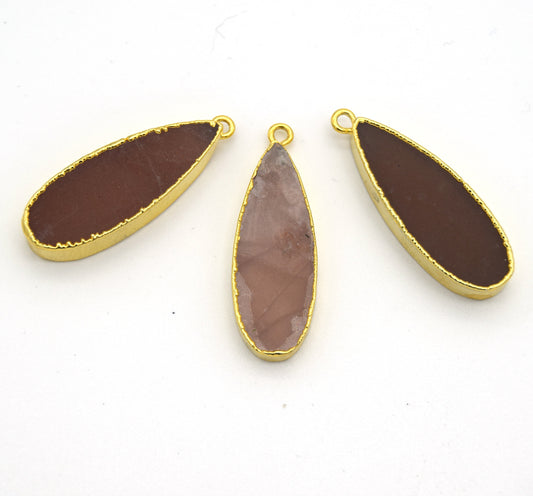 Pale Peach Moonstone Bezel | 11mm x 30mm Gold Plated Natural Long Teardrop Shaped Flat Pendant