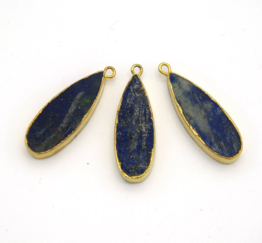 Blue Green Lapis Lazuli Bezel | 11mm x 30mm Gold Plated Natural Mixed Long Teardrop Shaped Flat Pendant