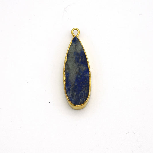 Blue Green Lapis Lazuli Bezel | 11mm x 30mm Gold Plated Natural Mixed Long Teardrop Shaped Flat Pendant