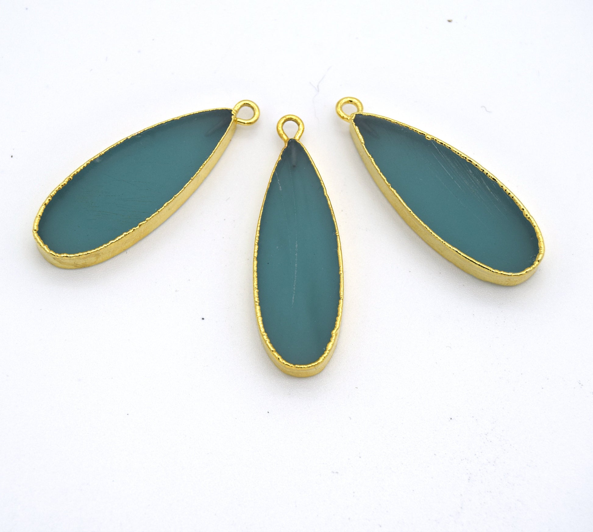 11mm x 30mm Gold Plated Natural Semi-Transparent Pale Teal Agate Long Teardrop Shaped Flat Pendant