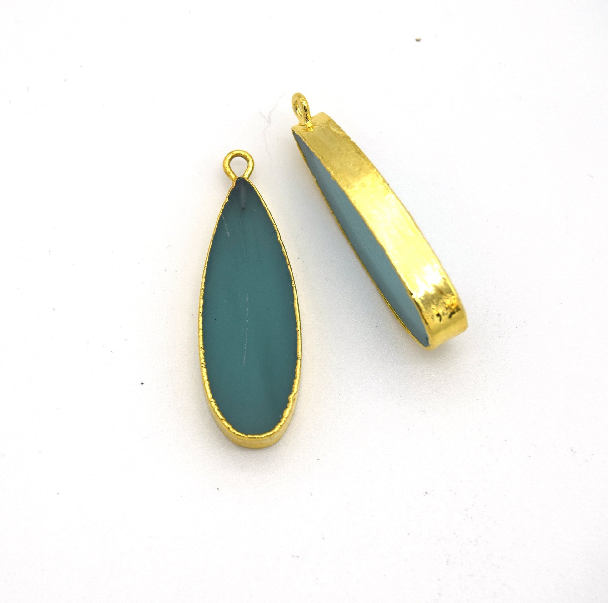 11mm x 30mm Gold Plated Natural Semi-Transparent Pale Teal Agate Long Teardrop Shaped Flat Pendant