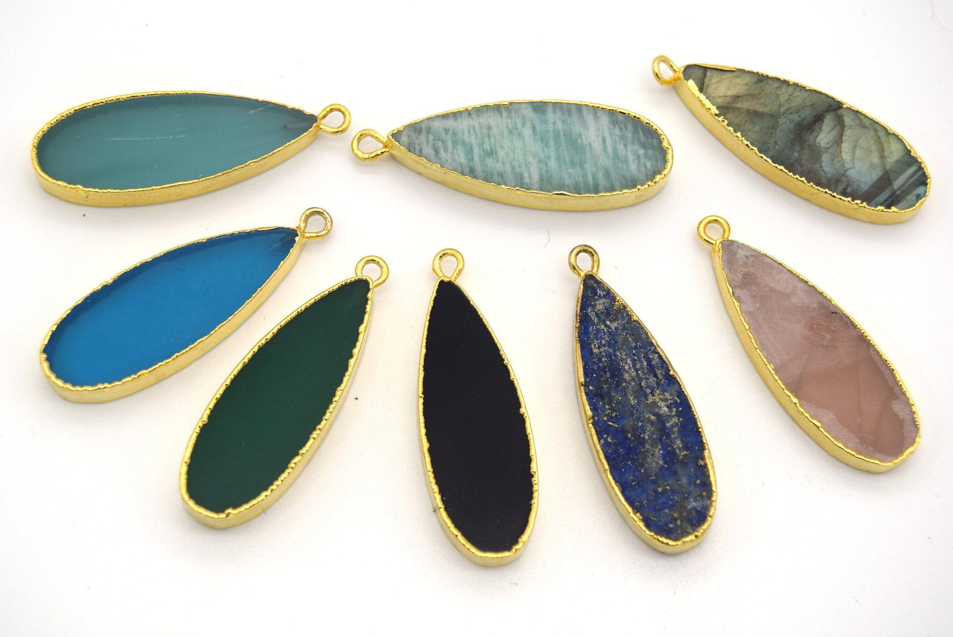 11mm x 30mm Gold Plated Natural Semi-Transparent Pale Teal Agate Long Teardrop Shaped Flat Pendant