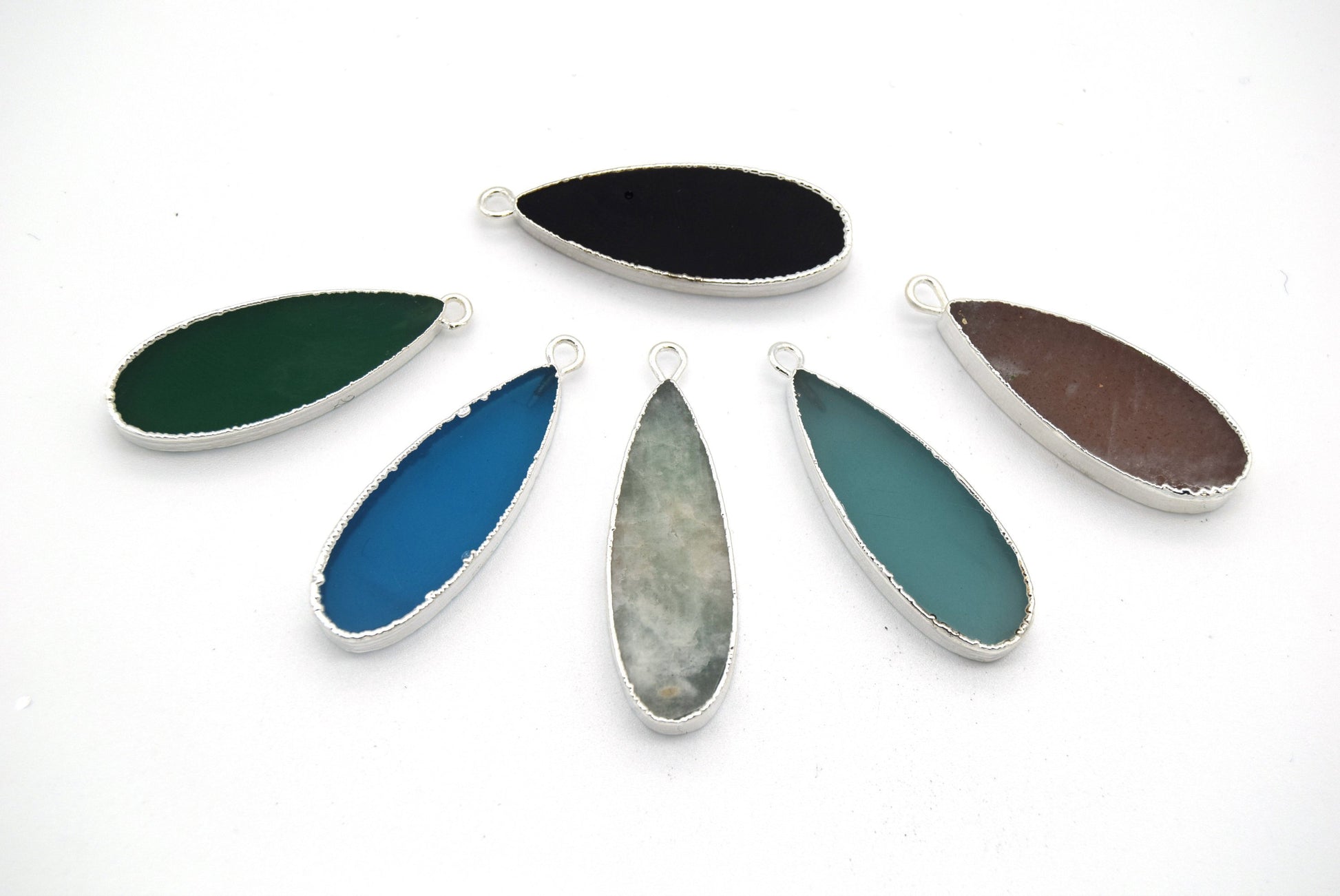 11mm x 30mm Silver Plated Natural Black Onyx Long Teardrop Shaped Flat Pendant - Sold Individually