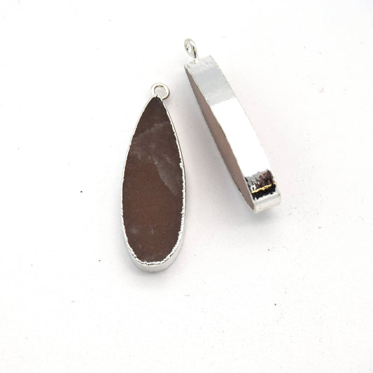 Peach Moonstone Bezel | 11mm x 30mm Silver Plated Natural Long Teardrop Shaped Flat Pendant