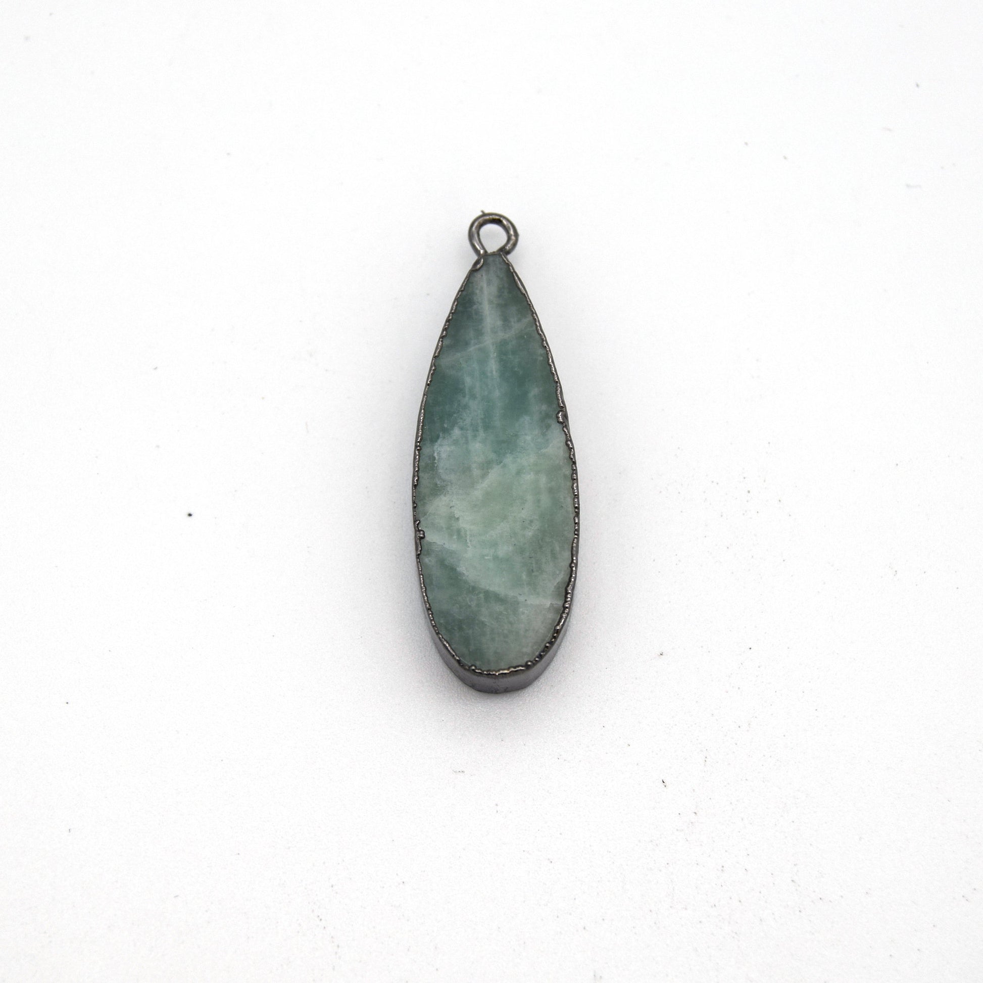 11mm x 30mm Gunmetal Plated Natural Pale Pastel Green Amazonite Long Teardrop Shaped Flat Pendant