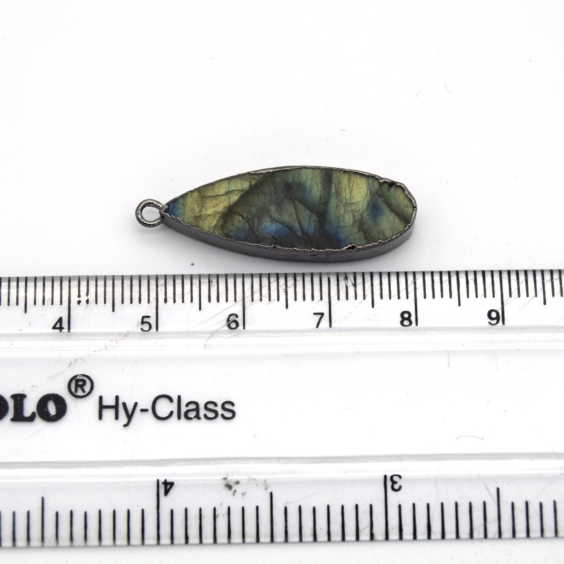 11mm x 30mm Gunmetal Plated Natural Blue/Green Labradorite Long Teardrop Shaped Flat Pendant