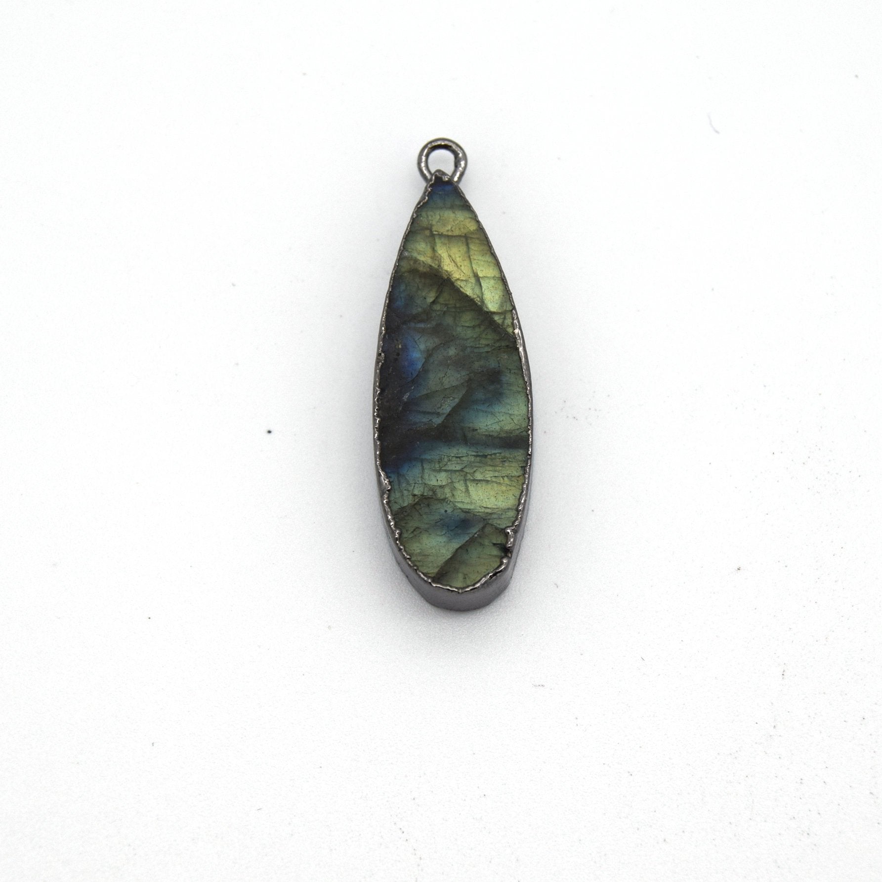 11mm x 30mm Gunmetal Plated Natural Blue/Green Labradorite Long Teardrop Shaped Flat Pendant