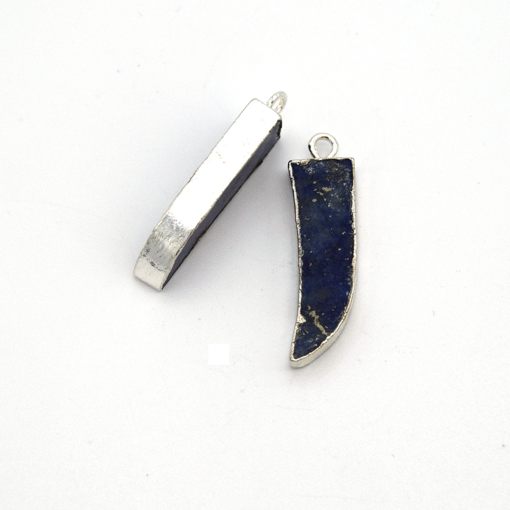 7mm x 22mm Silver Plated Tusk/Fang/Horn Shaped Natural Mixed Blue/Green Lapis Lazuli Pendant