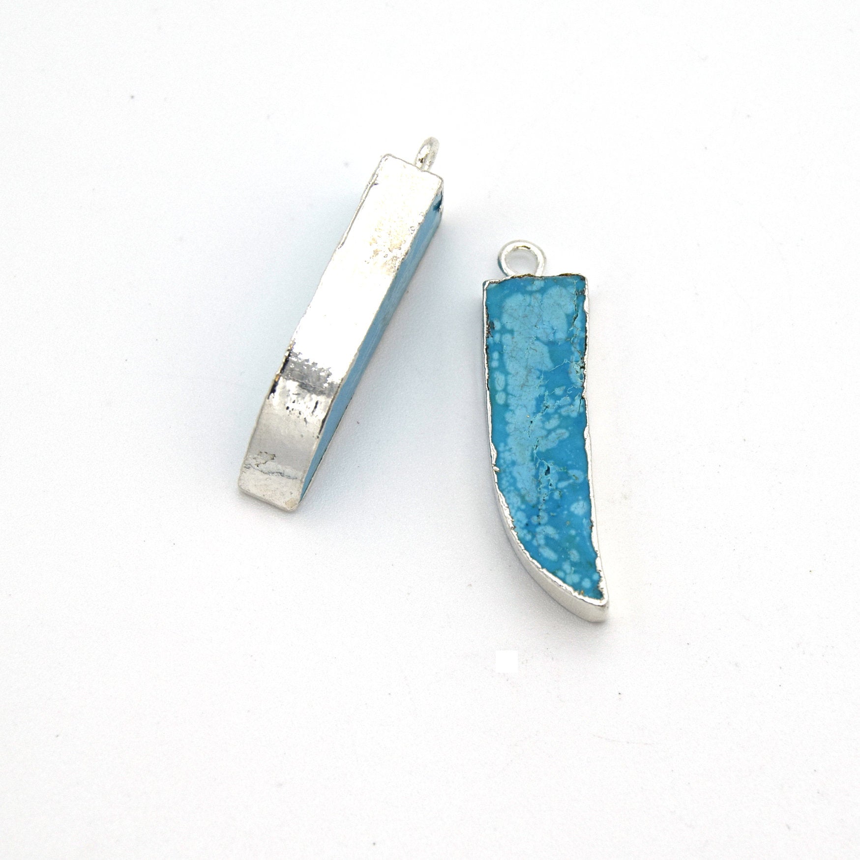 7mm x 22mm Silver Plated Tusk/Fang/Horn Shaped Natural Reconstituted Turquoise Pendant