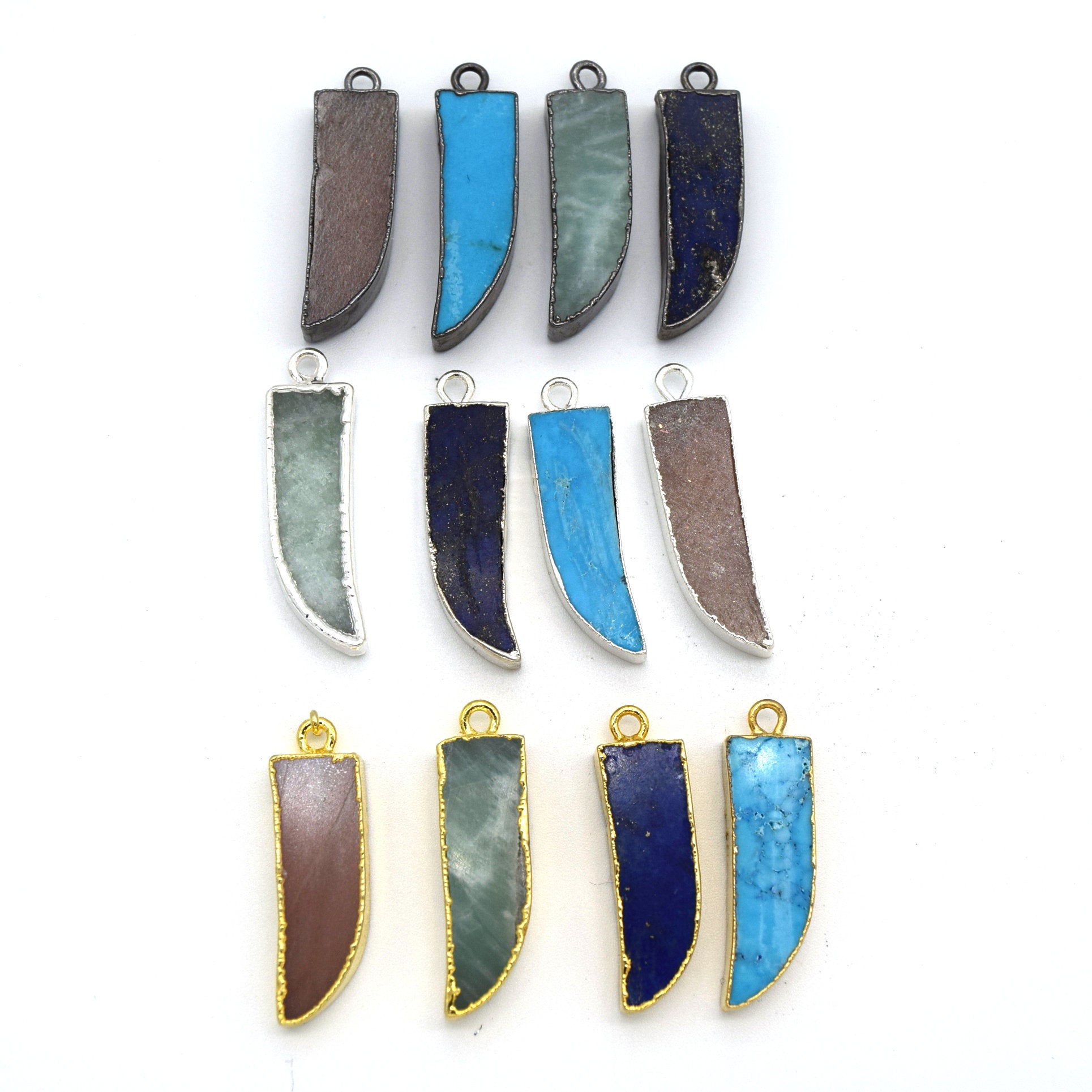 7mm x 22mm Gunmetal Plated Tusk/Fang/Horn Shaped Natural Pale Blue/Green Amazonite Pendant