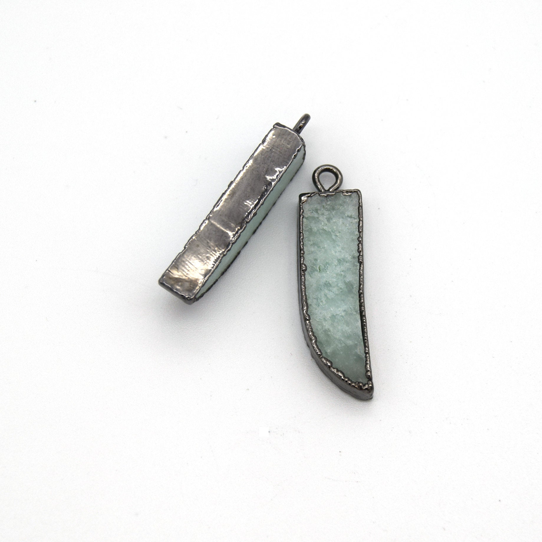 7mm x 22mm Gunmetal Plated Tusk/Fang/Horn Shaped Natural Pale Blue/Green Amazonite Pendant