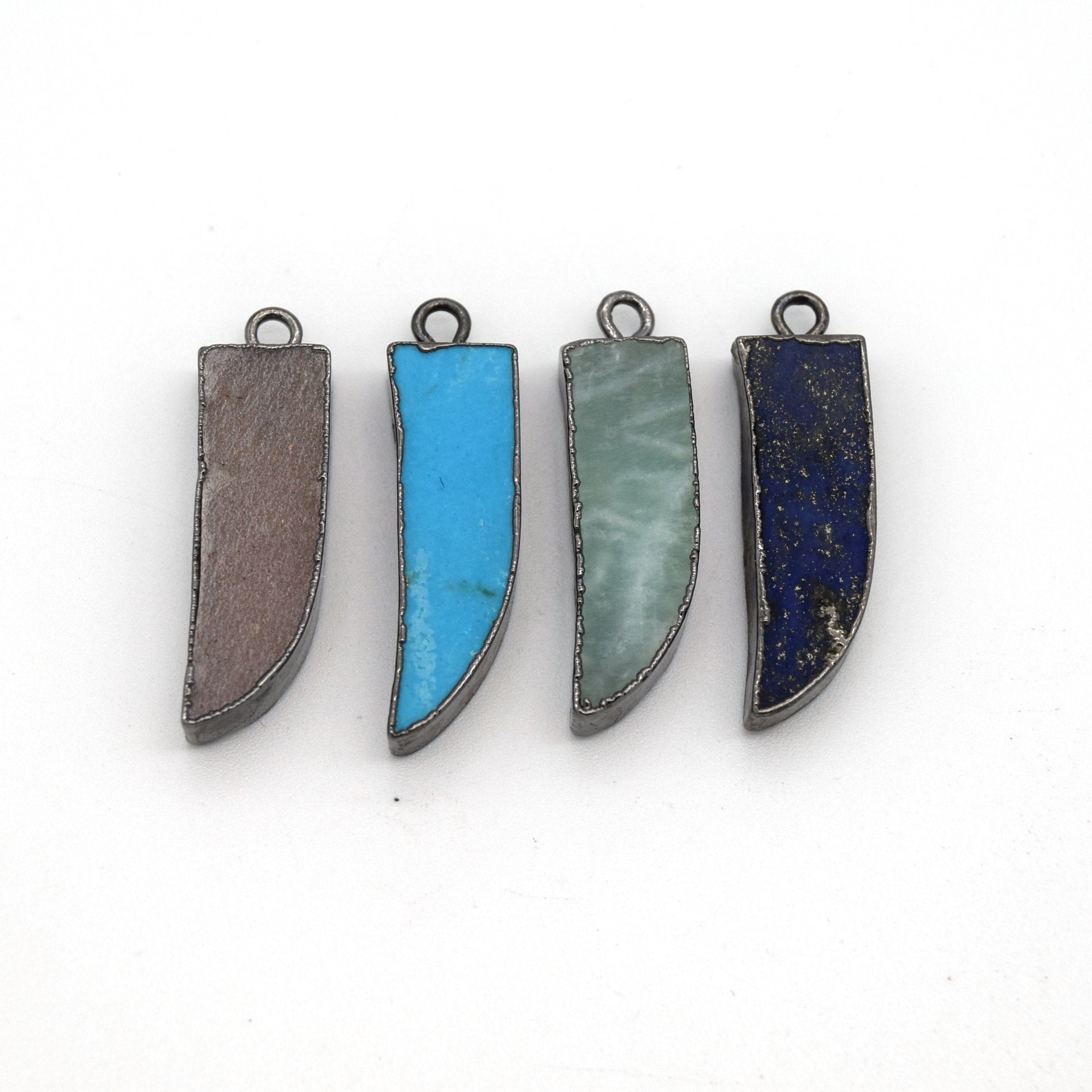 7mm x 22mm Gunmetal Plated Tusk/Fang/Horn Shaped Natural Mixed Blue/Green Lapis Lazuli Pendant