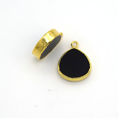 14mm x 15mm Gold Plated Flat Teardrop/Heart Shaped Black Onyx Pendants - Sold Individually