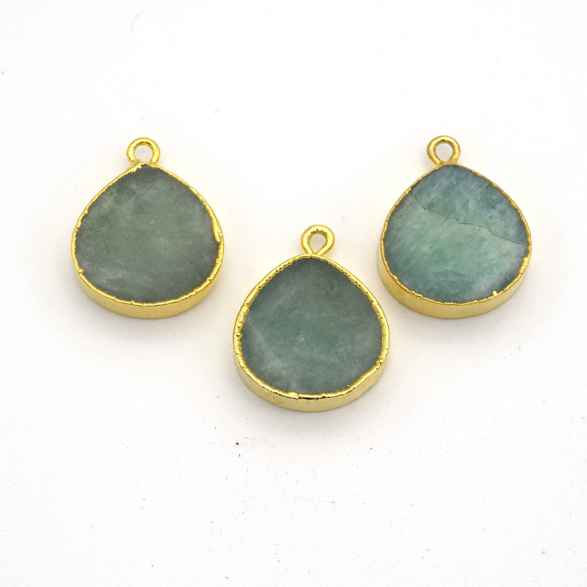14mm x 15mm Gold Plated Flat Teardrop/Heart Shaped Pale Pastel Green Amazonite Pendant