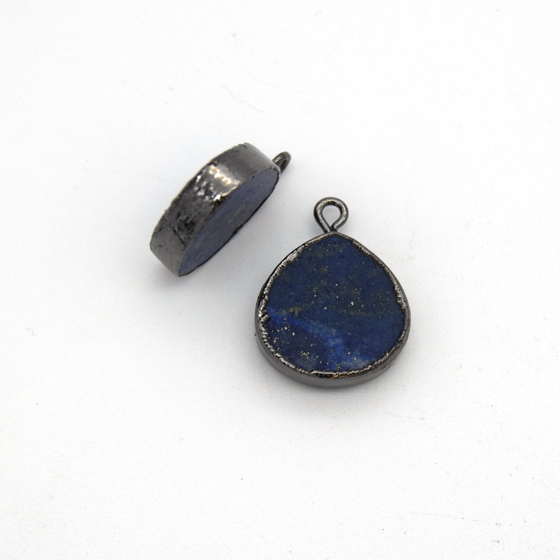 14mm x 15mm Gunmetal Plated Flat Teardrop/Heart Shaped Mixed Blue/Green Lapis Lazuli Pendant