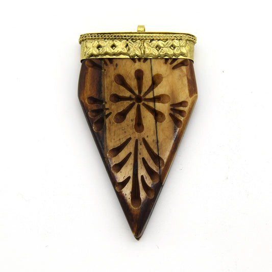 40mm x 70mm Carved Light Brown Pointed Flat Arrow Shaped Natural Ox Bone Pendant with Gold Cap