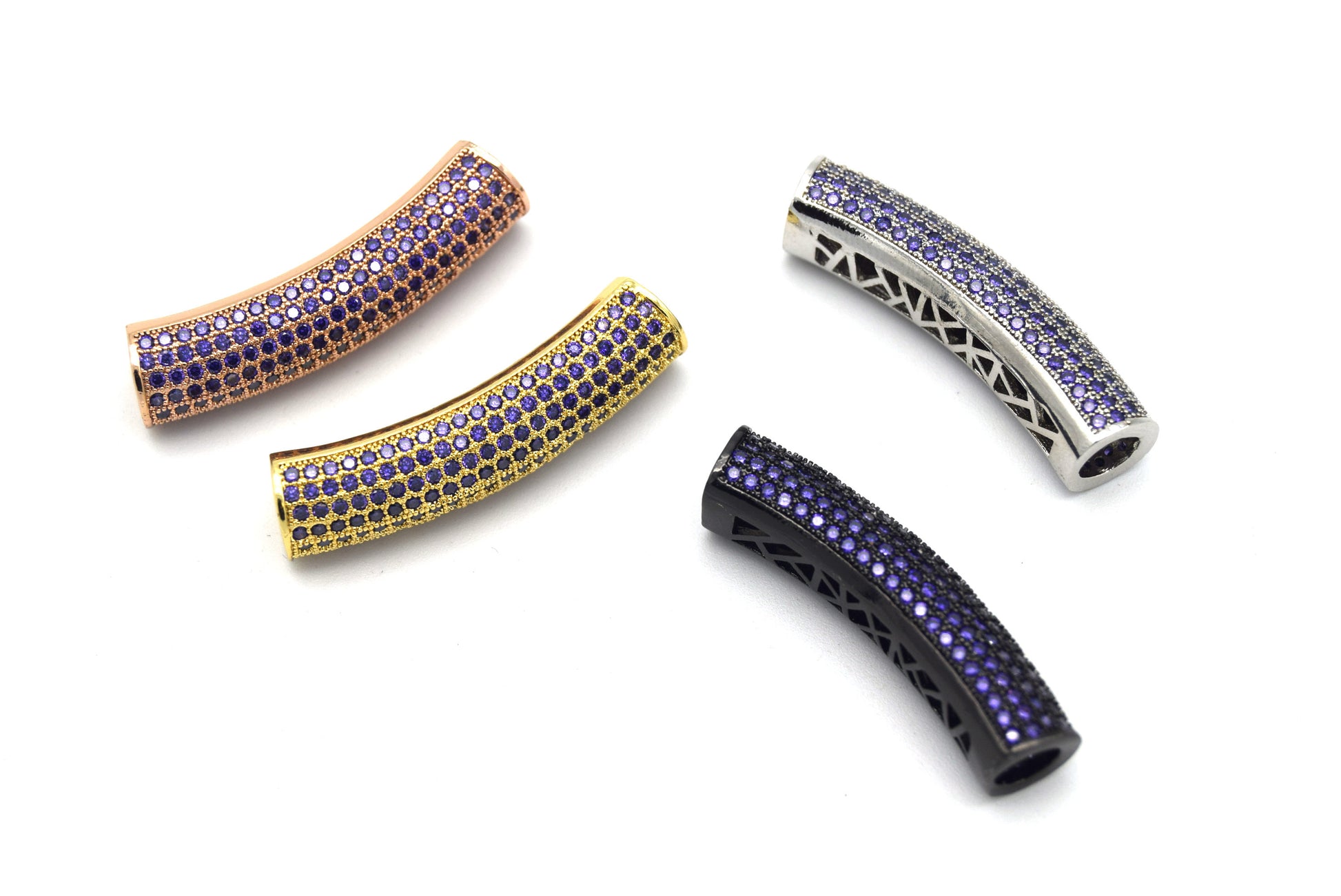 36mm Rose Gold Plated CZ Cubic Zirconia Inlaid Curved Tube/Macaroni Shaped Bead with Purple CZ