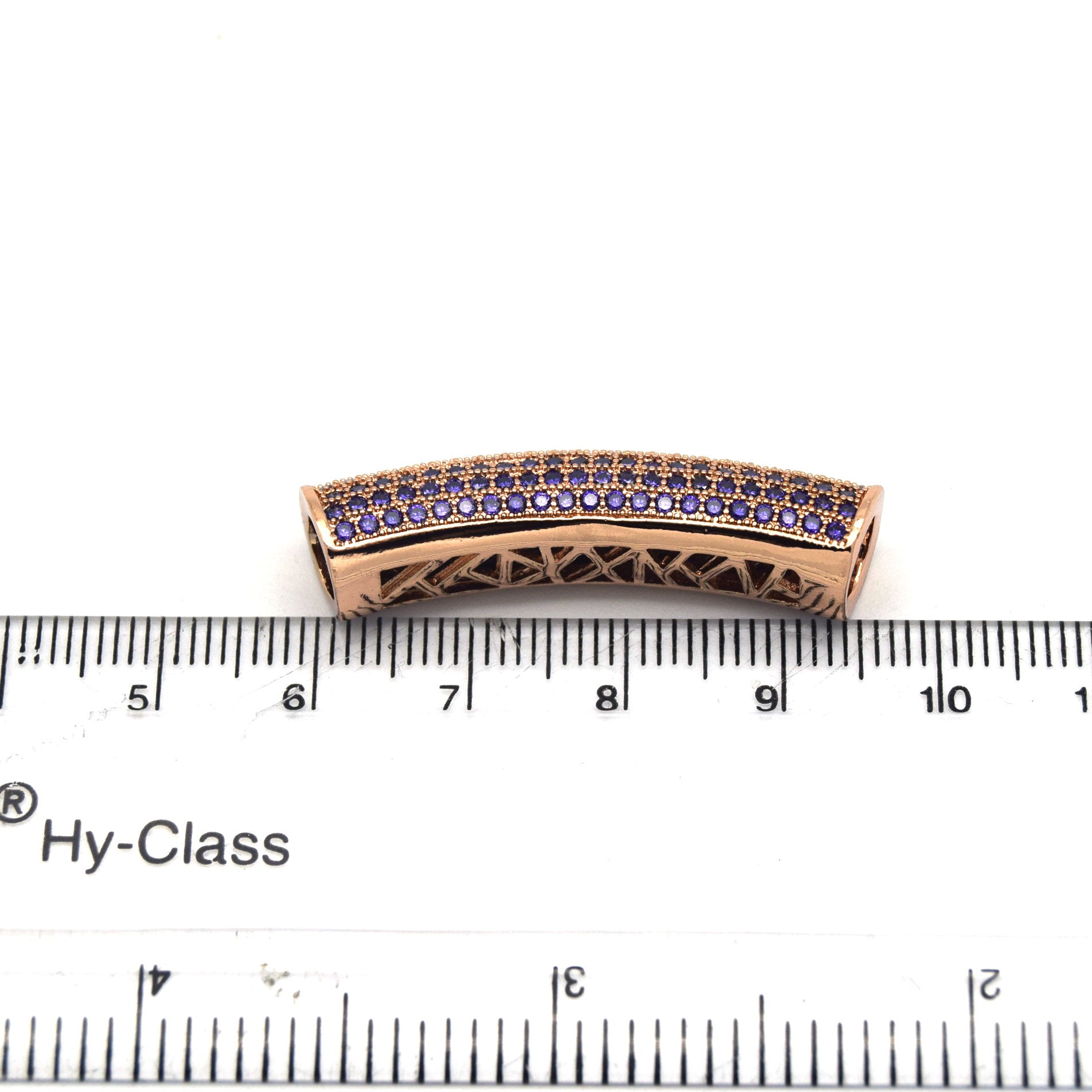 36mm Rose Gold Plated CZ Cubic Zirconia Inlaid Curved Tube/Macaroni Shaped Bead with Purple CZ