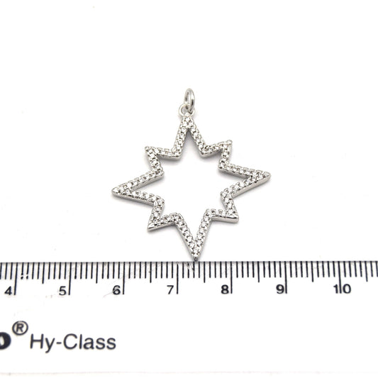 30mm x 30mm Silver Plated CZ Cubic Zirconia Inlaid Octagonal Star Shaped Bailed Pendant