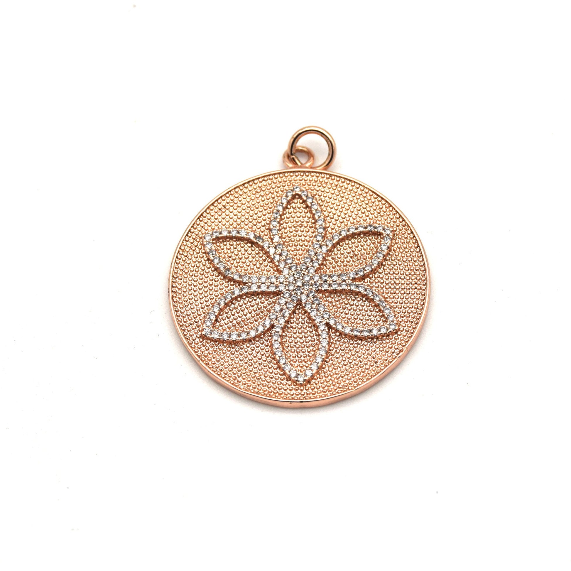 34mm x 34mm Rose Gold Plated CZ Cubic Zirconia Inlaid Flower on Coin/Disc Shaped Pendant