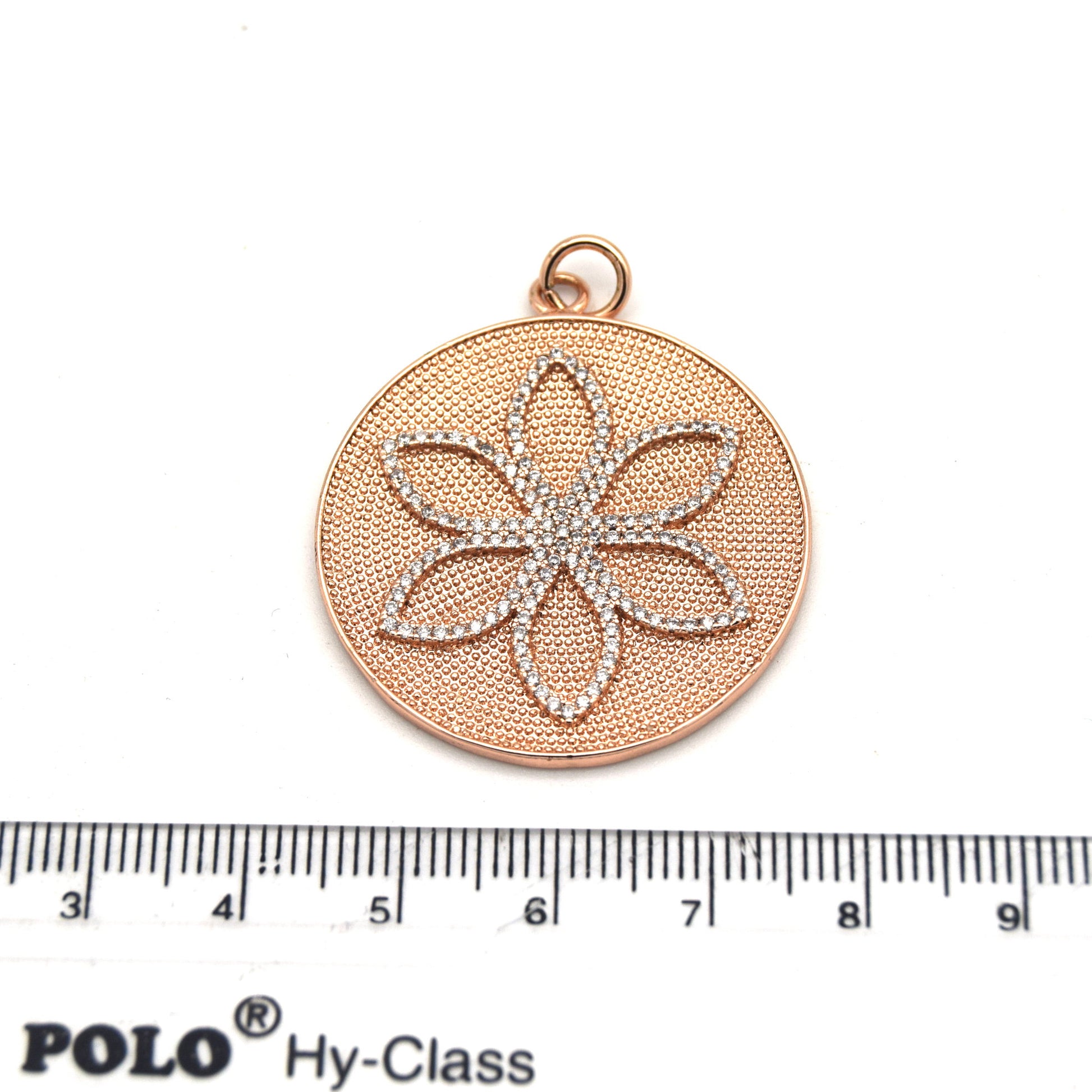 34mm x 34mm Rose Gold Plated CZ Cubic Zirconia Inlaid Flower on Coin/Disc Shaped Pendant