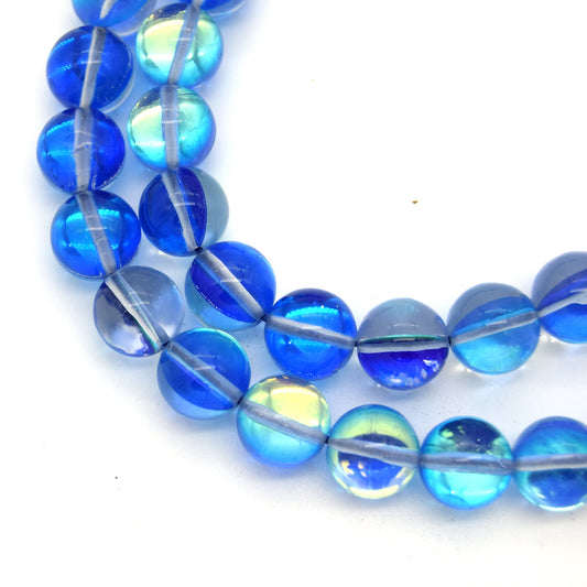 10mm Smooth Clear/Aqua Round/Ball Shaped Glass Moonstone Beads - (Approx. 15" Strand ~39 Beads)