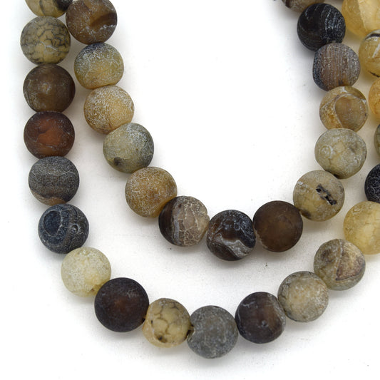 8mm Matte Finish Smooth Round Neutral Crackle/Veined Agate Beads - (Approx. 15" Strand ~45 Beads)