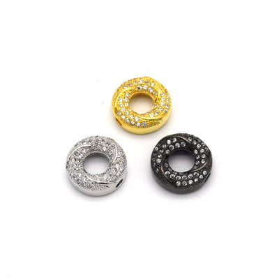13mm x 13mm Gold Plated Cubic Zirconia Encrusted/Inlaid Swirled Donut/Ring Shaped Bead