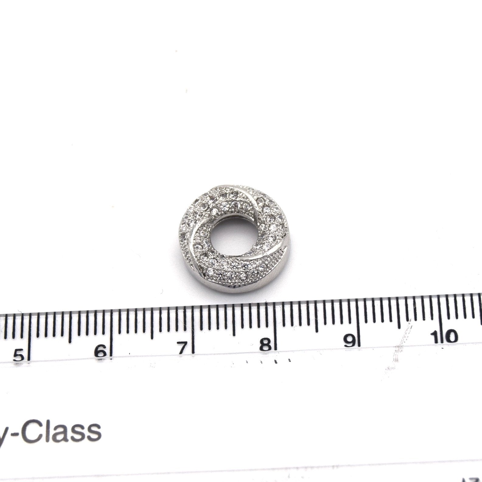 13mm x 13mm Silver Plated Cubic Zirconia Encrusted/Inlaid Swirled Donut/Ring Shaped Bead