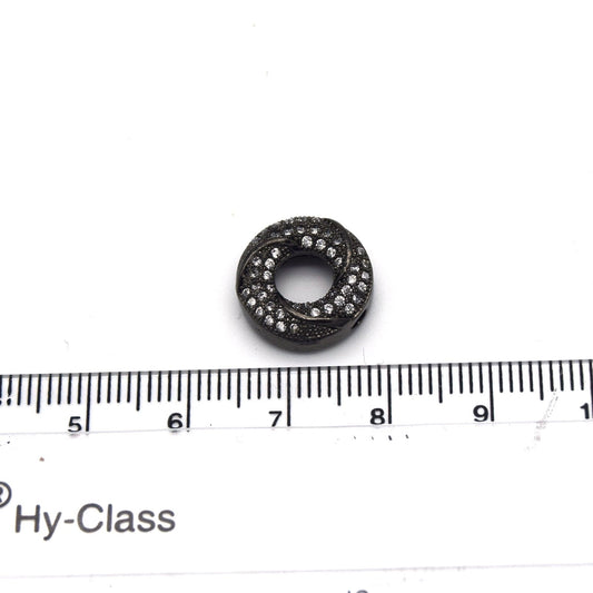 13mm x 13mm Gunmetal Plated Cubic Zirconia Encrusted/Inlaid Swirled Donut/Ring Shaped Bead