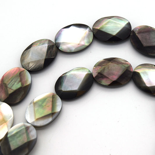 16mm x 12mm Faceted Oval Shaped Iridescent Black Lip Shell Beads - (Approx. 16" ~25 Beads)