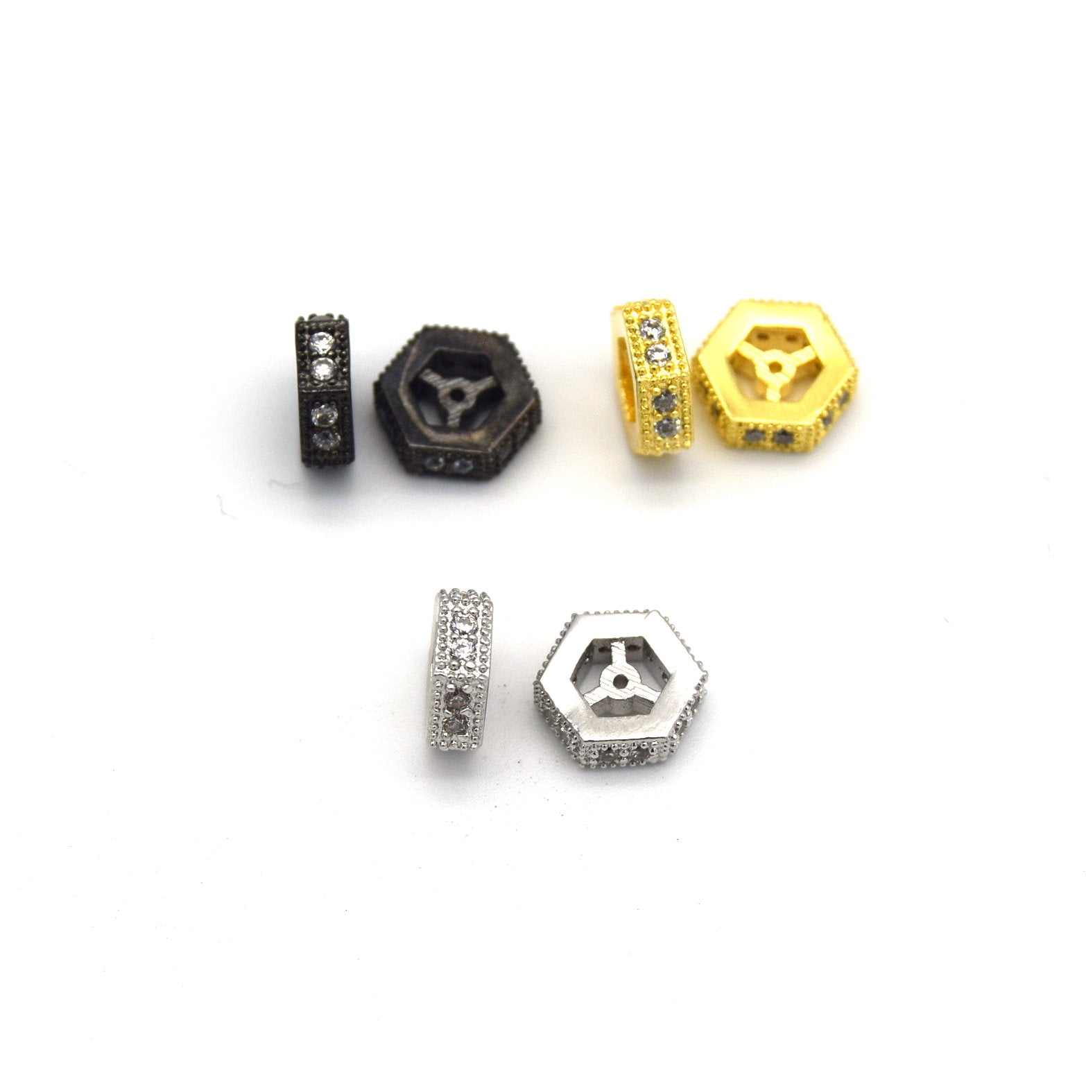 8mm x 8mm Gold Plated Cubic Zirconia Encrusted/Inlaid Eyed Hexagon Shaped Bead