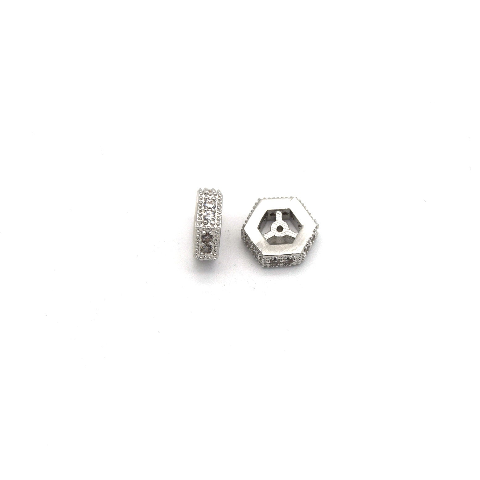 8mm x 8mm Silver Plated Cubic Zirconia Encrusted/Inlaid Eyed Hexagon Shaped Bead