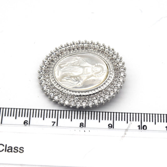 26mm x 32mm Silver CZ Cubic Zirconia Encrusted/Inlaid Virgin Mary Oval Shaped Pendant/Slider