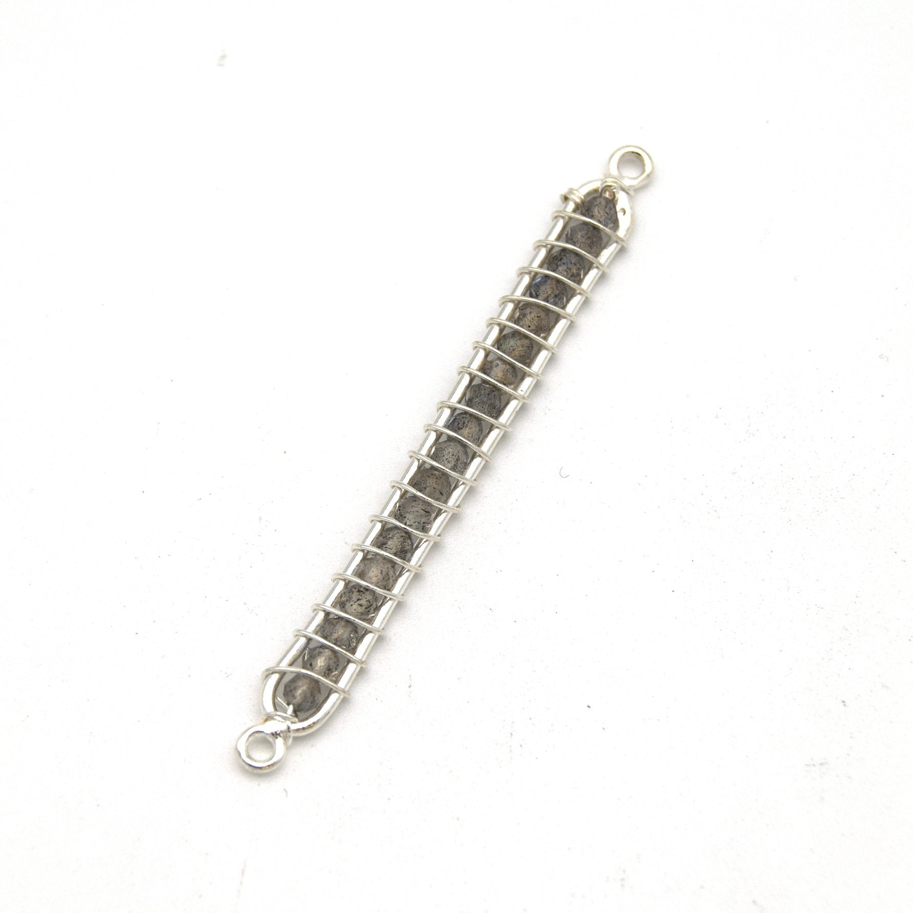 42mm x 4mm Silver Wire Wrapped Iridescent Labradorite Bead Inclosure Pendant/Connector