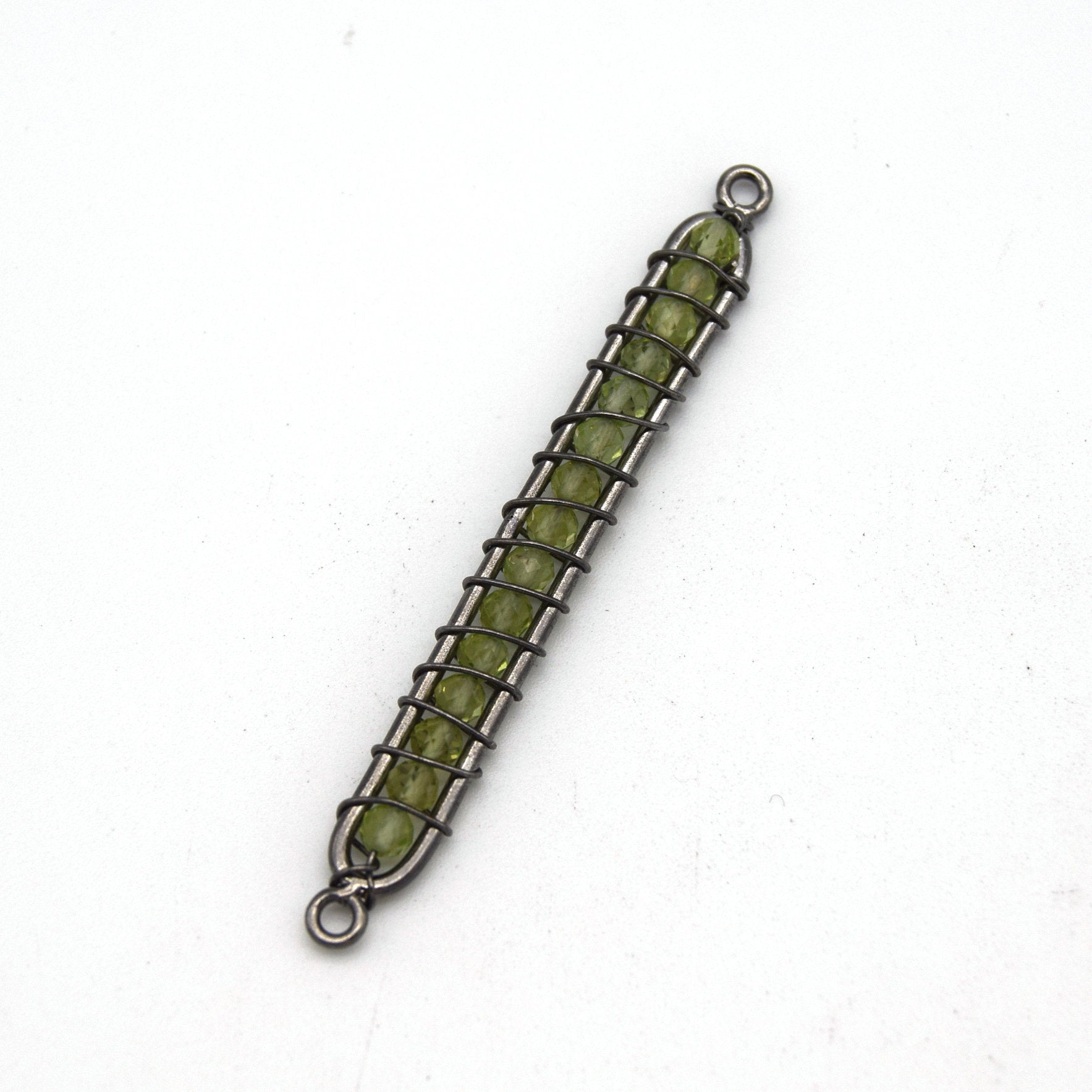 42mm x 4mm Gunmetal Wire Wrapped Pale Green Peridot Bead Inclosure Pendant/Connector
