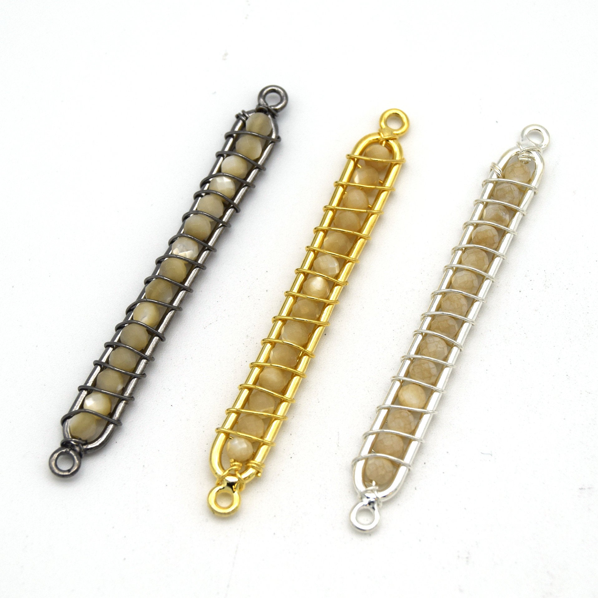 42mm x 4mm Gunmetal Wire Wrapped Gray Moonstone Bead Inclosure Pendant/Connector