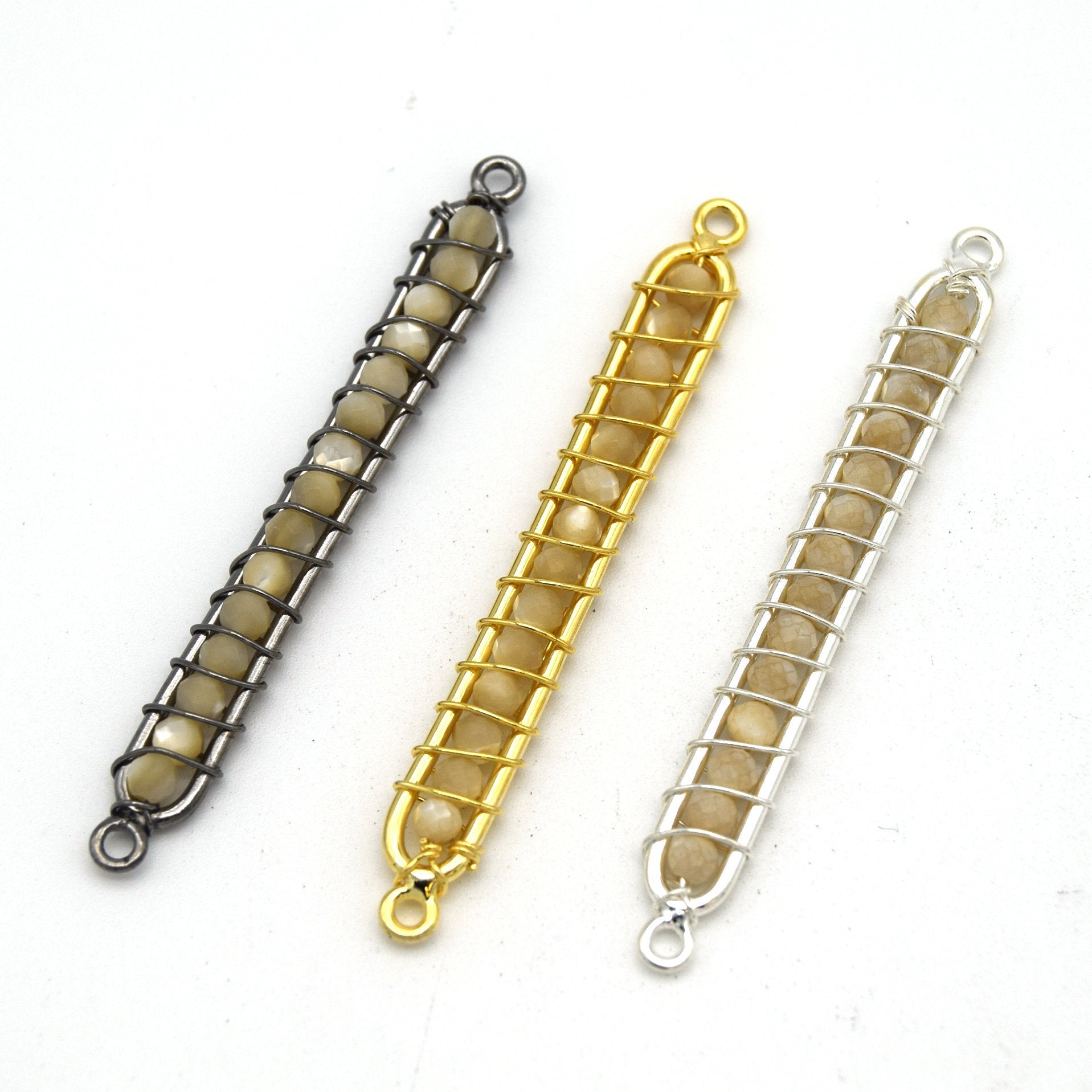 42mm x 4mm Gold Wire Wrapped Gray Moonstone Bead Inclosure Pendant/Connector