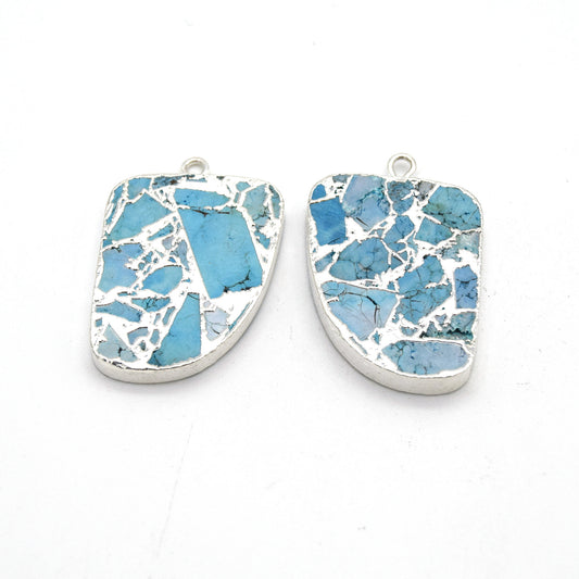 20mm x 26mm OOAK Matching Pair of Reconstituted Copper Turquoise & Silver Mosaic Oblong Shaped Flat Pendants