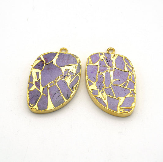 20mm x 28mm OOAK Matching Pair of Lavender Reconstituted Copper Turquoise & Gold Mosaic Acorn Shaped Flat Pendants