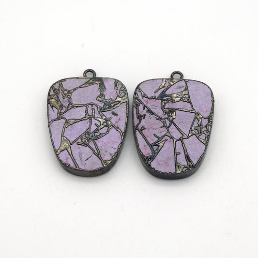 20mm x 26mm OOAK Matching Pair of Lavender Reconstituted Copper Turquoise & Gunmetal Mosaic Bell Shaped Flat Pendants